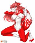  akitokit anthro big_breasts blue_eyes breasts canid canine canis female fur hair hi_res mammal nervous nude paws pussy red_fur red_hair simple_background solo white_background wolf 