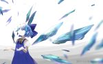  1girl artist_name bangs blue_bow blue_dress blue_eyes blue_hair bow cirno commentary_request cowboy_shot dated dress eyebrows_visible_through_hair hair_between_eyes hair_bow ice ice_wings looking_up namauni neck_ribbon pinafore_dress puffy_short_sleeves puffy_sleeves ribbon shirt short_hair short_sleeves sidelocks solo standing touhou white_background white_shirt wings yellow_neckwear yellow_ribbon 