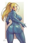  1girl antenna_hair ass blonde_hair blue_bodysuit blue_eyes bodysuit cameltoe devilhs earpiece eyelashes from_behind highres huge_ass impossible_bodysuit impossible_clothes long_hair looking_back metroid muscle muscular_female ponytail samus_aran shiny shiny_clothes skin_tight solo thick_thighs thighs zero_suit 