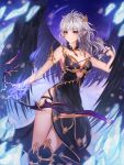 1girl absurdres arrow bangs bare_shoulders black_dress black_wings bow_(weapon) breasts cleavage commentary_request dress eyebrows_visible_through_hair feathered_wings hair_ornament highres kneehighs large_breasts long_hair looking_at_viewer nani_(goodrich) original pointy_ears red_eyes silver_hair solo weapon wings 