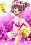  1girl antenna_hair bikini bracelet breasts brown_hair cardcaptor_sakura cheerleader commentary_request cowboy_shot floral_background green_eyes jewelry kinomoto_sakura necklace open_mouth pink_background pink_bikini pink_legwear pom_poms sen_(sansui) shiny shiny_bikini short_hair small_breasts smile solo sparkle_background swimsuit thighhighs tiara twintails 
