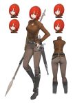  1girl belt boots casual character_sheet commentary_request contrapposto cross-laced_footwear expressions frown full_body grin hair_ornament hairclip hand_on_hip highres holding holding_spear holding_weapon jun_(seojh1029) looking_at_viewer original pants polearm red_eyes red_hair sad sheath shirt short_hair smile spear spear_(seojh1029) sword weapon white_background 