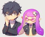  1girl amamiya_ren bangs glasses inkling long_hair persona persona_5 purple_hair school_uniform short_hair shuujin_academy_uniform simple_background smile splatoon_(series) super_smash_bros. wusagi2 