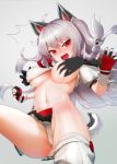  1girl :d ahoge animal_ears azur_lane bare_legs black_gloves black_skirt braid breast_grab breasts crop_top crotch_seam dog_tail fake_animal_ears fang fingerless_gloves floating_hair gloves grabbing grey_background grey_shirt highres large_breasts long_hair looking_at_viewer midriff miniskirt multicolored multicolored_nails navel no_bra notice_lines open_mouth panties red_eyes shirt short_sleeves silver_hair skirt slit_pupils smile socks solo tail tears thick_eyebrows thighs two_side_up underwear west_(vaem5527) white_legwear white_panties yuudachi_(azur_lane) 