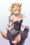  1girl bare_shoulders black_legwear black_leotard blonde_hair blue_eyes bowsette breasts cleavage collar collarbone covered_navel cowboy_shot crown earrings fangs fingernails gradient gradient_background highres horns jewelry large_breasts leotard long_hair looking_at_viewer mario_(series) new_super_mario_bros._u_deluxe pointy_ears ponytail sharp_fingernails sidelocks skindentation solo spiked_armlet spiked_collar spiked_shell spikes standing super_crown tail thighhighs thighs tight_(ohmygod) tongue tongue_out 