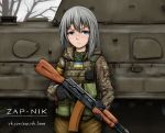  1girl ak-74 aqua_eyes assault_rifle camouflage commentary freckles gun highres holding holding_gun holding_weapon load_bearing_vest long_hair military military_uniform original rifle silver_hair solo ukraine ukrainian_flag uniform vehicle weapon zap-nik 