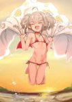  1girl :d ^_^ ahoge bangs bare_legs bare_shoulders barefoot bikini blanket blush closed_eyes collar collarbone commentary_request day demon_wings eyebrows_visible_through_hair face fang flat_chest full_body grey_hair happy highres jumping kio_(yumekuikio) makaino_ririmu micro_bikini navel nijisanji open_mouth outdoors pointy_ears red_bikini red_wings side-tie_bikini smile solo sparkle stomach string_bikini sunset swimsuit twintails virtual_youtuber water wings 