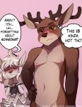  2019 adaline_(character) antlers blonde_hair blush capreoline cervid cervine clothed clothing comic confusion duo english_text entaros_(character) eyes_closed fallow_deer female fortunate_mixup green_eyes hair hi_res horn invalid_tag male mammal nude simple_background speech_bubble text white-tailed_deer zero-sum 