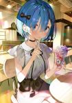  1girl alternate_costume bangs black_skirt blue_eyes blue_hair blush bow breasts cafe chair clock day eating eyebrows_visible_through_hair eyes_visible_through_hair food frilled_sleeves frills hair_bow hair_ornament holding indoors matsui_hiroaki re:zero_kara_hajimeru_isekai_seikatsu rem_(re:zero) ribbon short_hair short_sleeves sitting skirt solo spoon spoon_in_mouth table x_hair_ornament 