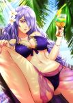  1girl bikini breasts camilla_(fire_emblem) cleavage cup drinking_glass esther fire_emblem fire_emblem_fates fire_emblem_heroes flower hair_flower hair_ornament hair_over_one_eye holding holding_cup large_breasts long_hair nail_polish navel purple_eyes purple_hair sarong signature solo swimsuit wine_glass 