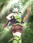  1girl absurdres ass blush bow_(weapon) brown_shorts canadiananiguy capelet commentary day elf english_commentary forest from_behind goblin_slayer! green_eyes green_hair hair_intakes high_elf_archer_(goblin_slayer!) highres long_hair looking_at_viewer looking_back nature outdoors pantylines pointy_ears shiny shiny_hair shorts smile solo standing thighhighs weapon 
