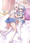  2girls :d animal_ears bangs blue_dress blue_eyes blue_flower blue_hair blue_panties blue_sailor_collar blue_skirt breasts bunny_ears bunny_girl bunny_tail cameltoe changchun_(warship_girls_r) claxton_(warship_girls_r) collarbone curtains dress eyebrows_visible_through_hair feet flower girl_on_top grey_hair hair_flower hair_ornament highres indoors kneehighs kneeling long_hair looking_at_viewer looking_back multiple_girls neckerchief nightstand no_shoes on_bed open_mouth panties pillow pleated_skirt puffy_short_sleeves puffy_sleeves red_eyes sailor_collar school_uniform serafuku shirt short_sleeves skirt small_breasts smile soles tail thighhighs underwear warship_girls_r white_legwear white_shirt yellow_neckwear ze_(wzfnn001) 