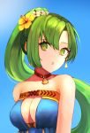  1girl bare_shoulders blue_background blue_swimsuit breasts choker cleavage earrings fire_emblem fire_emblem:_the_blazing_blade fire_emblem_heroes flower green_eyes green_hair hair_flower hair_ornament highres jewelry leatzche long_hair lyn_(fire_emblem) open_mouth ponytail simple_background solo swimsuit upper_body 