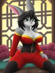 anthro big_breasts black_hair breasts cleavage clothed clothing deneira_(diamondstorm) diamondstorm female fur green_eyes grey_fur hair hi_res lagomorph looking_at_viewer mammal pillow sitting solo spread_legs spreading thick_thighs window 