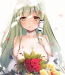  1girl absurdres areolae bangs blush breasts brown_eyes choker commentary_request detached_sleeves eyebrows_visible_through_hair flower frog_hair_ornament green_hair hair_ornament hair_tubes highres kochiya_sanae large_breasts leaf long_hair long_sleeves looking_at_viewer nude p-a-cheng petals red_flower red_rose rose sidelocks simple_background smile snake_hair_ornament solo touhou upper_body veil white_background white_choker wide_sleeves yellow_flower 