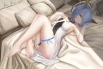  armpits azur_lane backless_dress backless_outfit bangs bare_arms bare_shoulders barefoot bed_sheet blue_hair commentary_request cross dress feet gascogne_(azur_lane) haika hair_over_one_eye head_tilt highres knees_up light_smile looking_at_viewer lying on_back on_bed panties pantyshot pillow ribbon short_hair sleeveless sleeveless_dress soles strapless strapless_dress table thigh_ribbon toes underwear white_panties yellow_eyes 