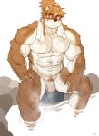  2019 absurd_res anthro barazoku blush bodily_fluids cartuja cum epic7 erection eyebrows eyewear genital_fluids goggles hi_res humanoid_penis kemono looking_at_viewer male mammal muscular muscular_male nipples penis sitting solo towel wasp_(artist) water 