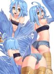  1girl ahoge ass blonde_hair blue_hair blue_wings denim denim_shorts feathered_wings feathers hair_between_eyes harpy highres iwbitu-sa looking_at_viewer monster_girl monster_musume_no_iru_nichijou multiple_views navel open_mouth papi_(monster_musume) short_shorts shorts simple_background strapless teeth tubetop white_background winged_arms wings yellow_eyes 