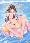  1girl ahoge artist_name atdan azur_lane bare_legs barefoot bikini bird black_bikini blue_sky breasts brown_hair chick cleavage cloud collarbone commentary cup day disposable_cup dress_shirt drinking_straw feet hairband highres holding holding_cup horizon independence_(azur_lane) innertube large_breasts long_hair looking_at_viewer low_ponytail manjuu_(azur_lane) ocean outdoors partially_unbuttoned red_eyes see-through shirt sidelocks sky slit_pupils solo swimsuit thighs very_long_hair water wet 