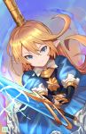  1girl armor blonde_hair blue_eyes charlotta_fenia closed_mouth crown dress english_commentary eyebrows_visible_through_hair gauntlets glint godsh0t granblue_fantasy hair_between_eyes harvin holding holding_sword holding_weapon long_hair looking_at_viewer pointy_ears solo sword v-shaped_eyebrows weapon 
