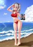  1girl artist_logo barefoot beach beret bikini binoculars black_headwear blue_eyes blue_sky cloud collarbone commentary_request day full_body hat highres kantai_collection kashima_(kantai_collection) lens_flare lifeguard long_hair navel nori_senbei_(norisenbei_1) outdoors red_bikini shading_eyes sidelocks silver_hair sky solo sports_bikini swimsuit tsurime twintails wavy_hair 