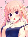  1girl bangs bare_arms bare_shoulders blue_swimsuit blush bow breasts cherry commentary_request eyebrows_visible_through_hair fingernails food food_in_mouth fruit hair_between_eyes hair_bow hanamiya_natsuka hands_up heart heart-shaped_pupils large_breasts long_hair original pink_background pink_hair pulled_by_self purple_eyes school_swimsuit solo strap_pull swimsuit symbol-shaped_pupils twintails upper_body yellow_bow 
