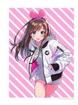  1girl :p a.i._channel aqua_eyes bangs brown_hair closed_mouth diagonal-striped_background diagonal_stripes eyebrows_visible_through_hair fingernails grey_hoodie hairband hand_in_pocket highres hood hood_down hoodie jacket kizuna_ai leaning_forward long_hair long_sleeves looking_at_viewer morikura_en multicolored_hair nail_polish official_art open_clothes open_jacket page_number pink_hair pink_hairband pink_nails shiny shiny_hair shiny_skin sleeves_past_wrists smile solo streaked_hair striped striped_background thigh_gap tongue tongue_out virtual_youtuber white_jacket 