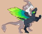  2019 anthro anthro_on_anthro aspekt avian bird digital_media_(artwork) faint feathered_wings feathers fur grey_fur humanoid_penis male male/male nate_(dragoneill) penis sergal simple_background wings 