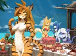  2019 aegis_(infinitedge2u) anthro arthropod blonde_hair bloodline_(webcomic) blue_fur breasts cake canid canine canis casual_nudity cookie crab crustacean day decapoda detailed_background domestic_dog ember_(bloodline) featureless_breasts felid flora_(twokinds) food fur hair heterochromia hi_res kameloh malacostracan mammal marine nude one_eye_closed orange_fur outside pantherine popsicle sky smile striped_fur stripes tiger twokinds webcomic wink 