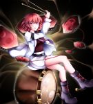  1girl absurdres boots drum drumsticks highres horikawa_raiko instrument red_eyes red_hair short_hair touhou user_pcyc3738 