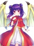  1girl artist_name cannan closed_mouth dragon_wings dress fire_emblem fire_emblem:_the_sacred_stones highres mamkute multi-tied_hair myrrh purple_hair red_eyes simple_background solo twintails white_background wings 