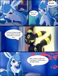  2019 absurd_res black_fur blairtheglaceon blue_eyes blue_fur blush comic cross-popping_vein detailed_background dialogue digital_media_(artwork) duo eeveelution english_text female feral fur garruuk glaceon hi_res inside mammal nintendo olivetheumbreon open_mouth pok&eacute;mon pok&eacute;mon_(species) pok&eacute;mon_mystery_dungeon speech_bubble text umbreon vein video_games yellow_eyes 