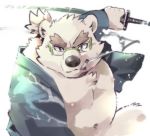  2019 anthro belly clothing eyewear fur garouzuki glasses humanoid_hands leib_(tas) male mammal melee_weapon moobs nipples overweight overweight_male polar_bear robe simple_background smoking solo sword tokyo_afterschool_summoners ursid ursine video_games weapon white_fur 