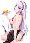  1girl :p absurdres apron areolae arm_support ass back bangs black_apron blue_eyes blunt_bangs blush breasts can dagger deogho_(liujinzy9854) eyebrows_visible_through_hair highres holding holding_plate large_breasts last_origin leg_garter long_hair looking_at_viewer looking_back maid maid_headdress naked_apron nipples no_panties plate puffy_nipples red_neckwear silver_hair sitting smile solo sowan_(last_origin) tongue tongue_out topless tuna very_long_hair waist_apron weapon 