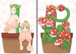  big_breasts blonde_hair breasts crown duo female flora_fauna green_hair hair hi_res human kid_icarus mammal mario_bros metroid nintendo nipple_mouth not_furry nude palutena pattern piranha_plant plant plant_pot post_transformation red_hair samus_aran sharp_teeth simple_background spots teeth tongue transformation video_games vines what 