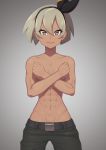  1girl abs absurdres belt breasts clenched_hands collarbone covering covering_breasts cowboy_shot dark_skin gradient gradient_background grey_background hair_between_eyes hairband highres lips looking_at_viewer muscle navel pants pokemon pokemon_(game) pokemon_swsh putchers saitou_(pokemon) short_hair silver_eyes silver_hair simple_background small_breasts solo thick_eyebrows topless 