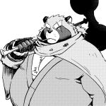  2019 anthro belly canid canine clothing gokrakstyle gyobu humanoid_hands leaf male mammal overweight overweight_male raccoon_dog robe scar simple_background solo tanuki tokyo_afterschool_summoners video_games white_background 