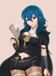  1girl absurdres black_cape blue_eyes blue_hair book byleth byleth_(female) cape closed_mouth fire_emblem fire_emblem:_three_houses highres holding holding_book knife long_hair sheath sheathed simple_background smgold smile solo twitter_username 