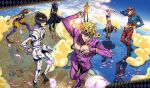  1girl 6+boys animal aora black_hair blonde_hair boots braid bruno_buccellati cloud coco_jumbo giorno_giovanna guido_mista gun handgun hat highres holding holding_animal jojo_no_kimyou_na_bouken leone_abbacchio midriff multiple_boys narancia_ghirga pannacotta_fugo petals pink_hair pose revolver signature sleeveless sun trish_una turtle vento_aureo weapon zipper zipper_pull_tab 