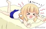  &gt;_&lt; 1girl bangs barefoot blonde_hair blue_shorts blush closed_eyes commentary_request eyebrows_visible_through_hair gochuumon_wa_usagi_desu_ka? kirima_sharo leg_up lying miicha nose_blush on_stomach open_mouth outstretched_arms pain shirt short_shorts short_sleeves shorts soles solo sweat translation_request twitter_username wavy_mouth white_background white_shirt 