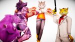  16:9 2019 3d_(artwork) anthro armor bathym bow_tie butt canid canine canis clothed clothing demon digital_media_(artwork) felid fur gun horn kemono leopard male malicekira mammal muscular muscular_male ose_(tas) pantherine purple_fur ranged_weapon simple_background sitri smile suit tokyo_afterschool_summoners video_games weapon wings wolf young 