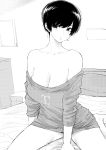  1girl bare_shoulders bed breasts chanel cleavage collarbone commentary earrings english_commentary greyscale highres jewelry monochrome norman_maggot off_shoulder olive_laurentia on_bed original pixie_cut short_hair sitting solo sweater wariza 