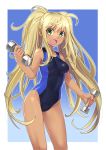 1girl ahoge blonde_hair blue_background blue_swimsuit border breasts commentary_request competition_swimsuit cowboy_shot danberu_nan_kiro_moteru? dark_skin dumbbell fang gradient gradient_background green_eyes highres katahira_masashi long_hair looking_at_viewer one-piece_swimsuit open_mouth sakura_hibiki_(danberu_nan_kiro_moteru?) small_breasts smile standing swimsuit twintails white_border 