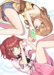  2girls :o arms_up blue_shorts blush brown_eyes brown_hair closed_mouth commentary_request directional_arrow dress dress_shirt floral_print green_eyes hair_ornament hairclip heart heart_hands kunikida_hanamaru kurosawa_ruby long_hair love_live! love_live!_sunshine!! multiple_girls parted_lips pink_skirt print_dress red_hair shipii_(jigglypuff) shirt short_shorts short_sleeves shorts skirt sleeveless sleeveless_dress smile two_side_up white_shirt yellow_dress 