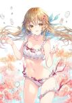  1girl ass_visible_through_thighs bare_arms bare_shoulders bikini breasts brown_eyes brown_hair cleavage collarbone cowboy_shot floating_hair flower frilled_bikini frills hair_flower hair_ornament hands_up highres leg_garter long_hair looking_at_viewer medium_breasts miwabe_sakura navel original parted_lips pink_flower red_ribbon ribbon sidelocks smile solo standing stomach swimsuit thighs water_drop white_background white_bikini 