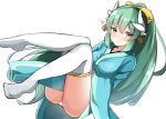  1girl absurdres ass blue_kimono blush breasts closed_mouth dragon_horns fate/grand_order fate_(series) green_hair high_ponytail highres horns japanese_clothes kimono kiyohime_(fate/grand_order) knees_up long_hair medium_breasts moyoron panties ponytail sidelocks simple_background smile solo thighhighs underwear very_long_hair white_background white_legwear white_panties yellow_eyes 
