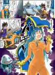  1girl aqua_hair blue_eyes blue_hair blush bodysuit breasts commentary_request cross dragon_quest dragon_quest_iii gloves hat imaichi long_hair mitre monster multiple_boys open_mouth orange_bodysuit priest_(dq3) roto shibirekurage skin_tight sword tabard weapon 