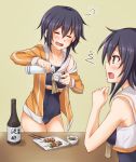  2girls alcohol anti_(untea9) asymmetrical_hair black_hair black_swimsuit bottle choko_(cup) commentary_request cowboy_shot cup drunk flying_sweatdrops food framed_breasts grey_background hair_between_eyes highres i-13_(kantai_collection) i-14_(kantai_collection) jacket kantai_collection kebab multiple_girls open_clothes open_jacket orange_jacket pouring sailor_collar sake sake_bottle school_swimsuit short_hair simple_background standing swimsuit white_sailor_collar 