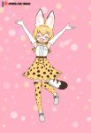  1girl animal_ears armpits arms_up bare_shoulders blonde_hair boots bush closed_eyes elbow_gloves eyebrows_visible_through_hair gloves highres kemono_friends open_hands open_mouth patreon_username serval_(kemono_friends) serval_ears serval_print short_hair skirt sleeveless smile solo tail takeshi~ thighhighs 