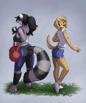  2018 anthro audrey_(jay_naylor) black_hair black_nose brown_eyes canid canine canis clothed clothing conditional_dnp domestic_dog duo female footwear grass hair hi_res jay_naylor mammal procyonid raccoon shoes standing 
